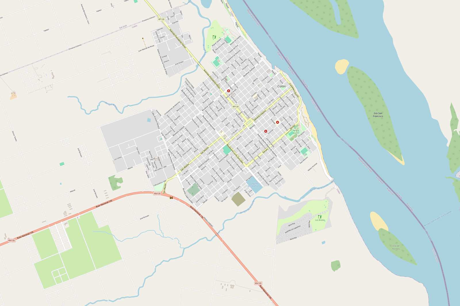 Map of Colón, Entre Ríos showing Complejo Arami and nearby beaches, the bus station and river points